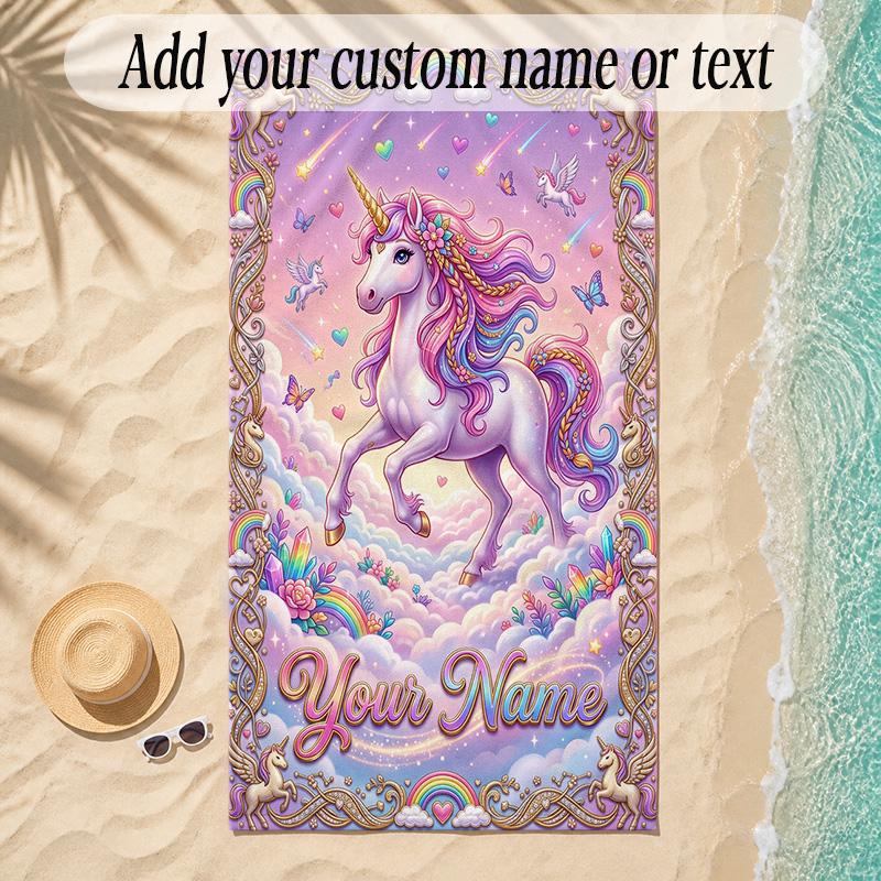 Unicorn Theme Soft Beach Towel Personalized Custom Name Text Towel Portable for Beach Pool Travel