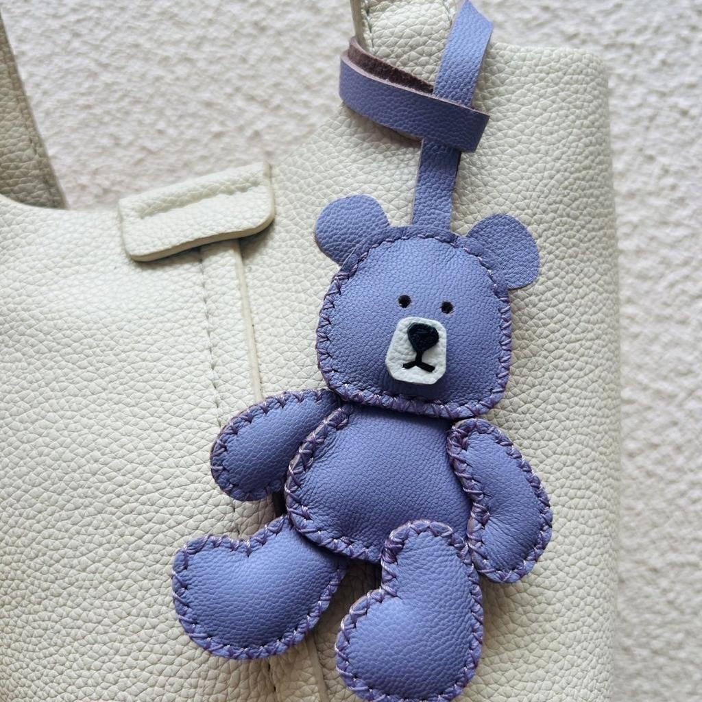 Handmade Decorative Keychain Made of Genuine Leather In the Shape of a Purple Teddy Bear