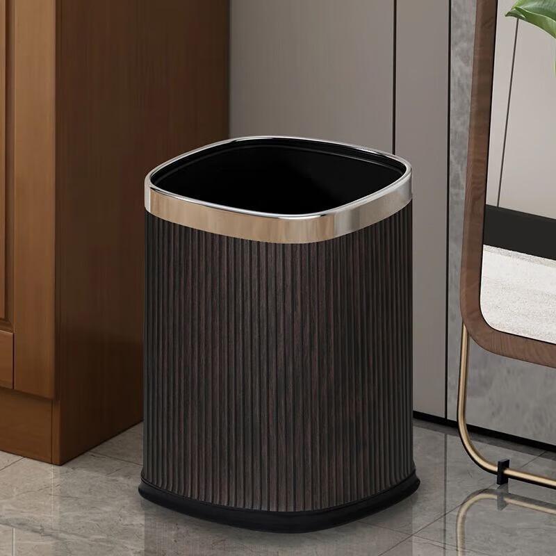 XuanYong Chinese Style Leather Wood Grain Trash Can