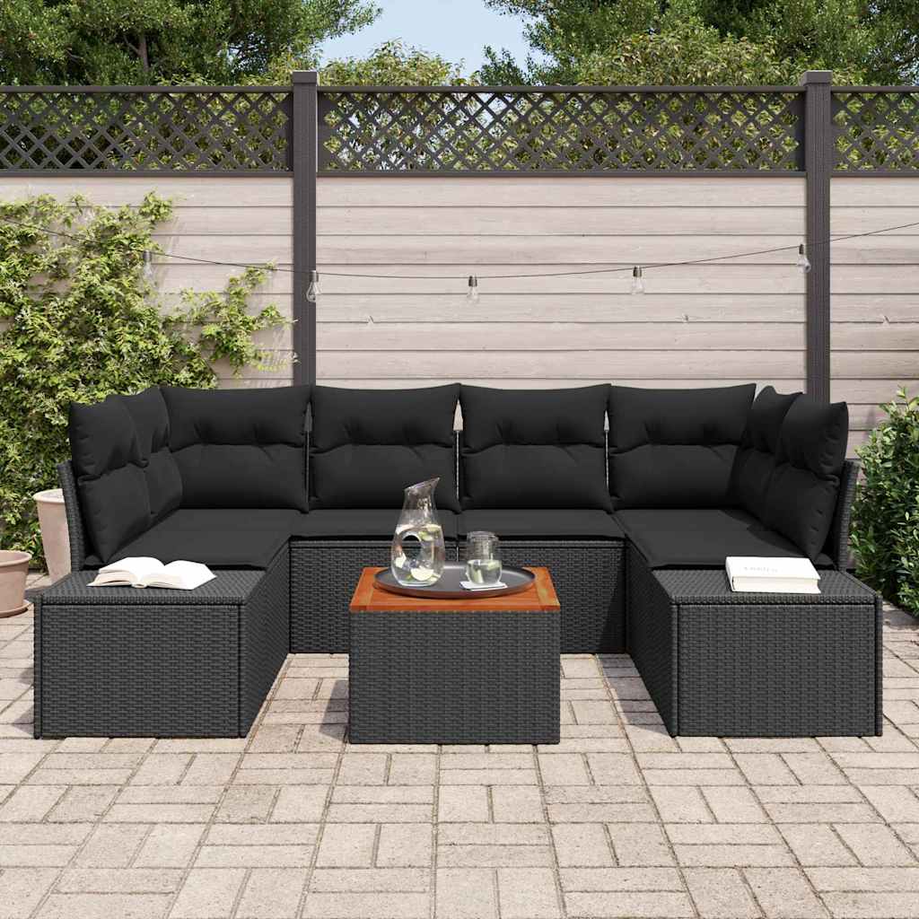 7 Piece Garden Sofa Set with Cushions Black Poly Rattan