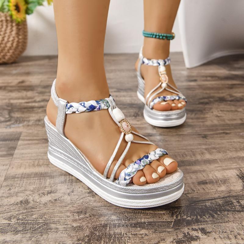 New Summer Wedge Boho Open Toe Cutout Sandals Women s Plus Size Pumps 36 серебряный