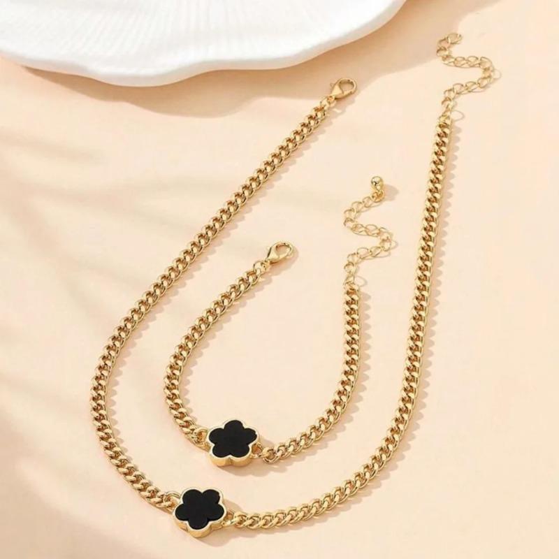 Five-petal Flower Bracelet Necklace Set for Women Lucky Five-leaf Clover Earring Necklace Girl Party Accessories Gifts