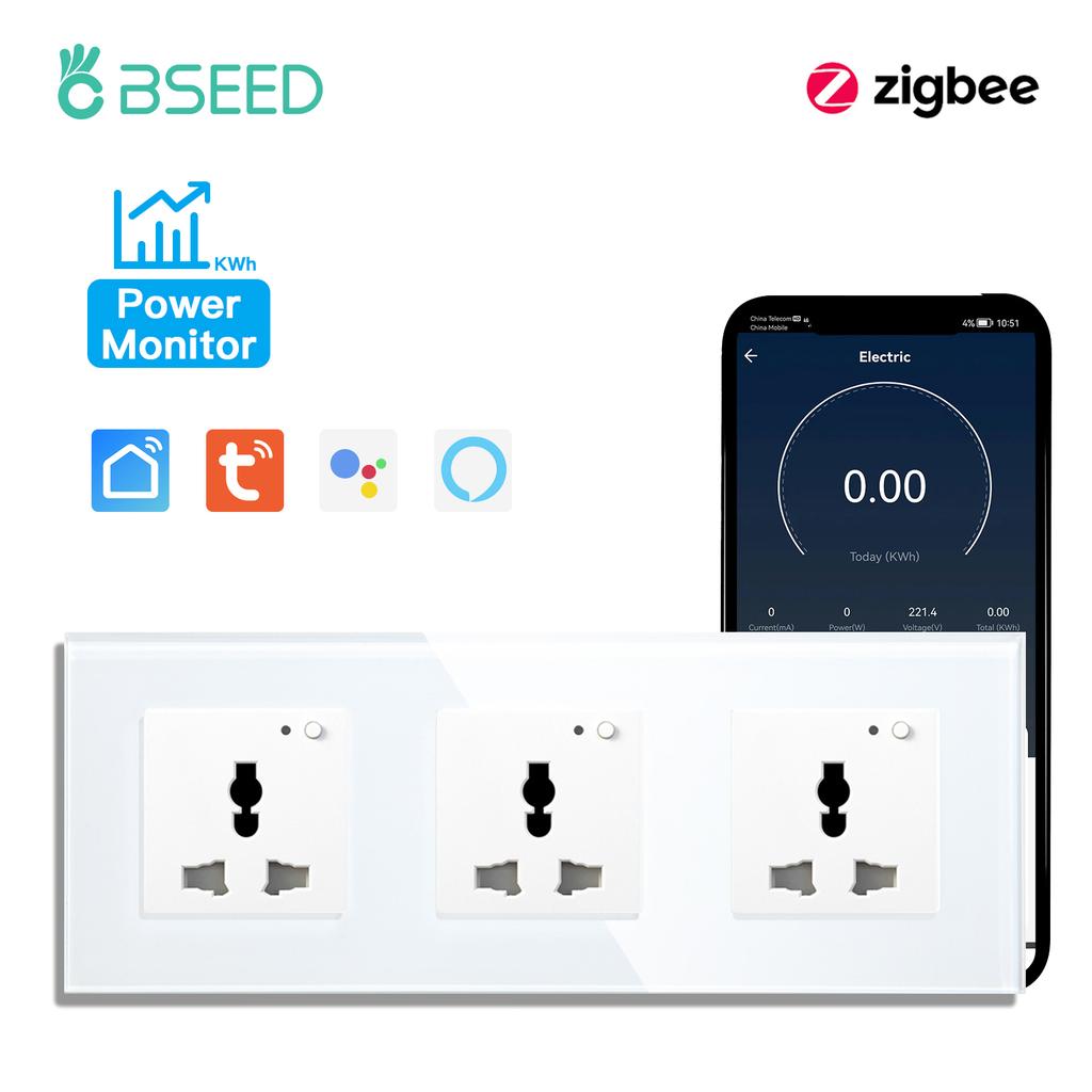 BSEED Zigbee Soquetes Inteligentes Universais Monitor de Potência Soquete de Energia Multifuncional Controle por App Tuya Smart Life Alexa Estrutura de Vidro