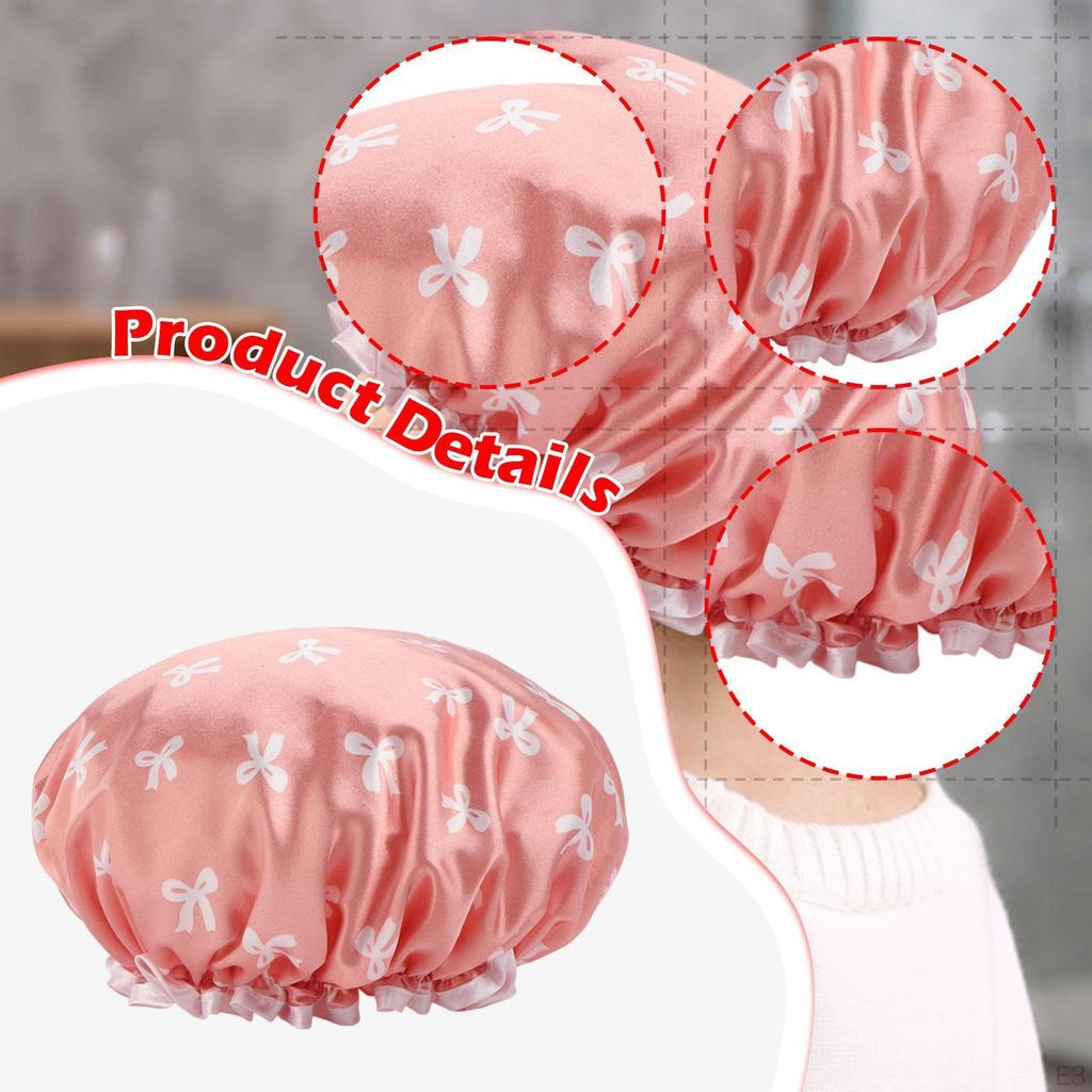 Double Layer Satin PVC Waterproof Reusable Shower Cap with Bow for Women Suitable Shower, Bath,