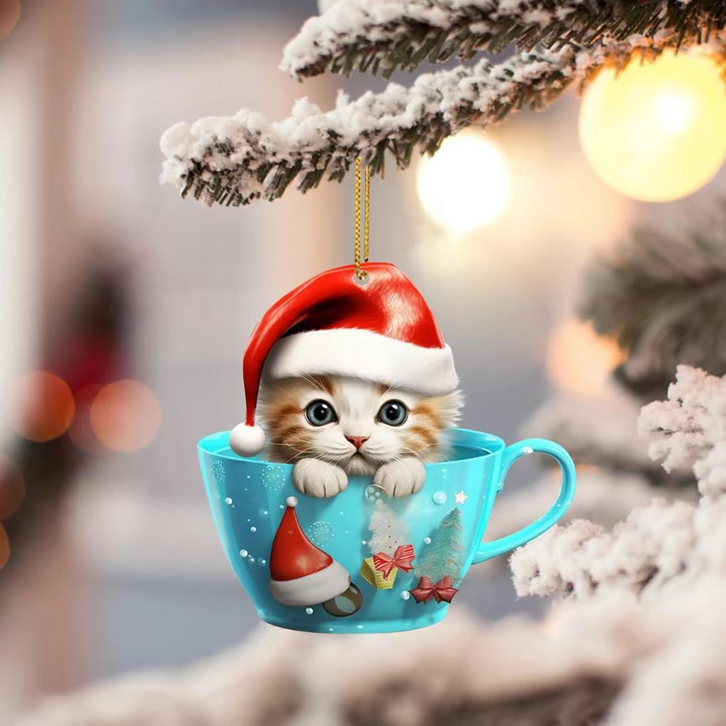 Cute Cat Pendant Cartoon 2D Acrylic Christmas Kitten Charm Ornament Funny Christmas Cat Ornament For Homes Christmas Tree Cars