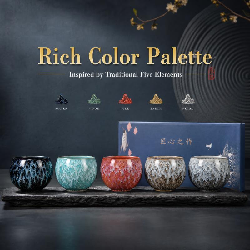 Japanese Style Ceramics Tea Bowl Five Elements Cup Handmade Ceramic Tea Cup Set of 5 Colors Gift Box Tea Accessories