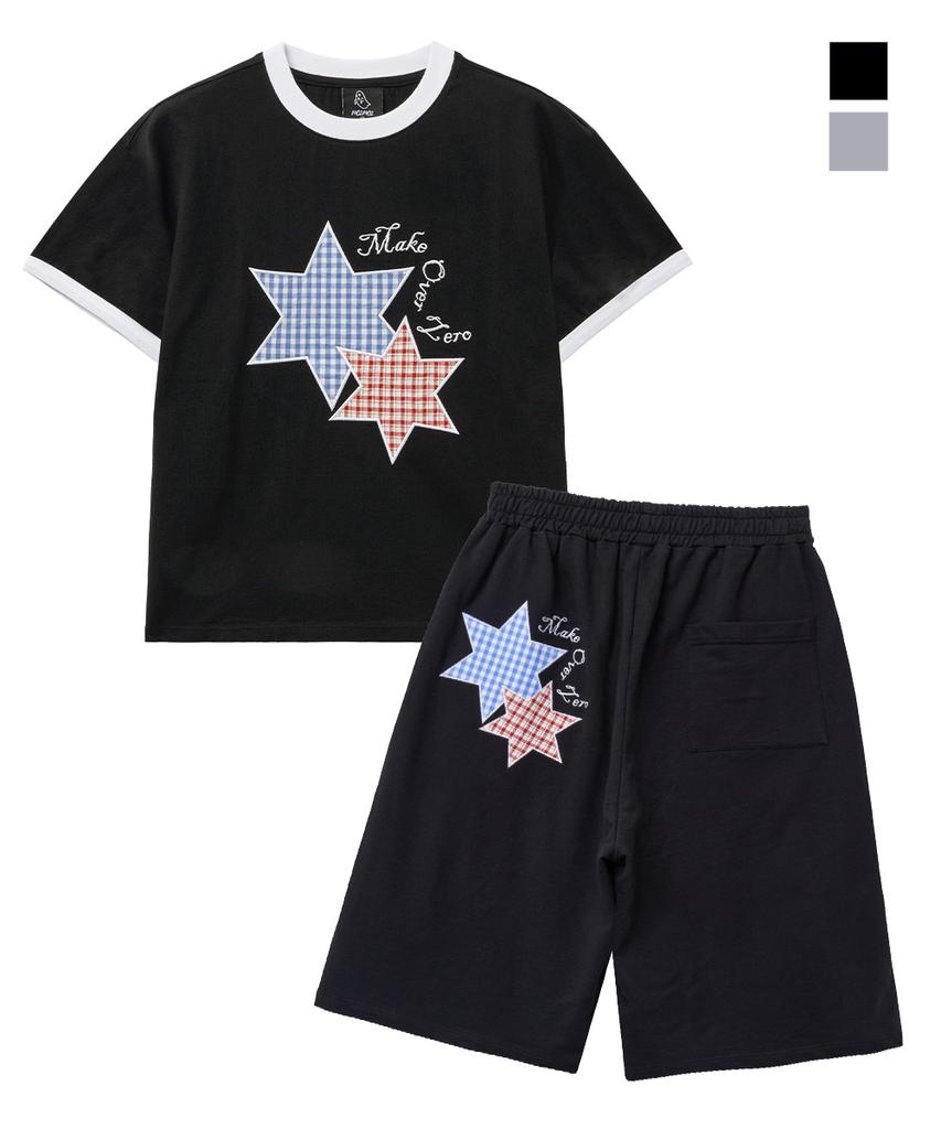 MOZMOZ [Set] Star Patch 2-Type Ringer Short Sleeve T-Shirt + Bermuda Side Pleat Training Pants