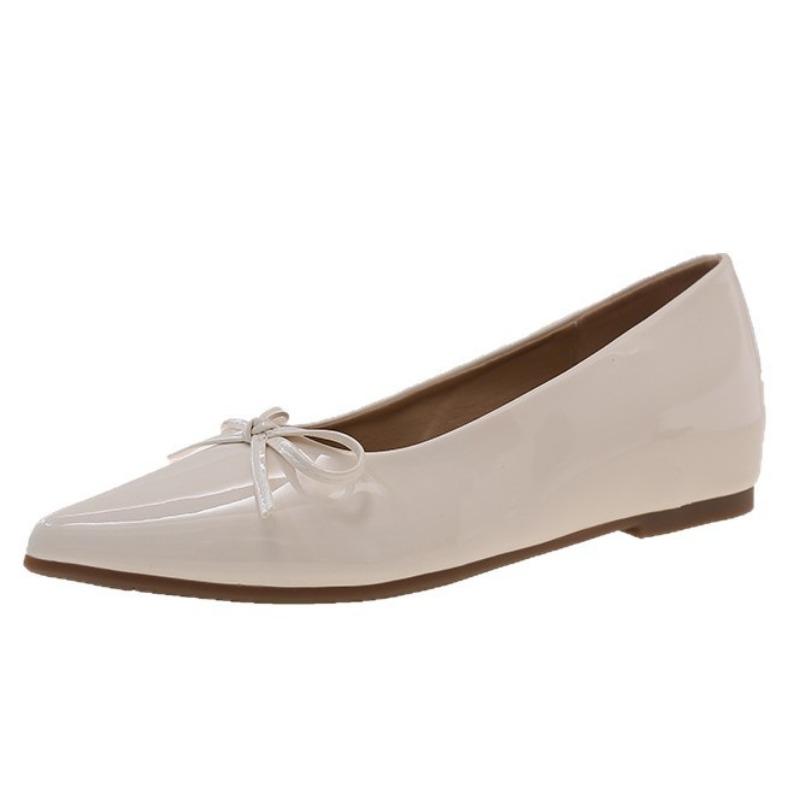 Beige Pointed Single Shoes Women's New Small Inner Height Increase Flats Versatile Bow Evening Shoes