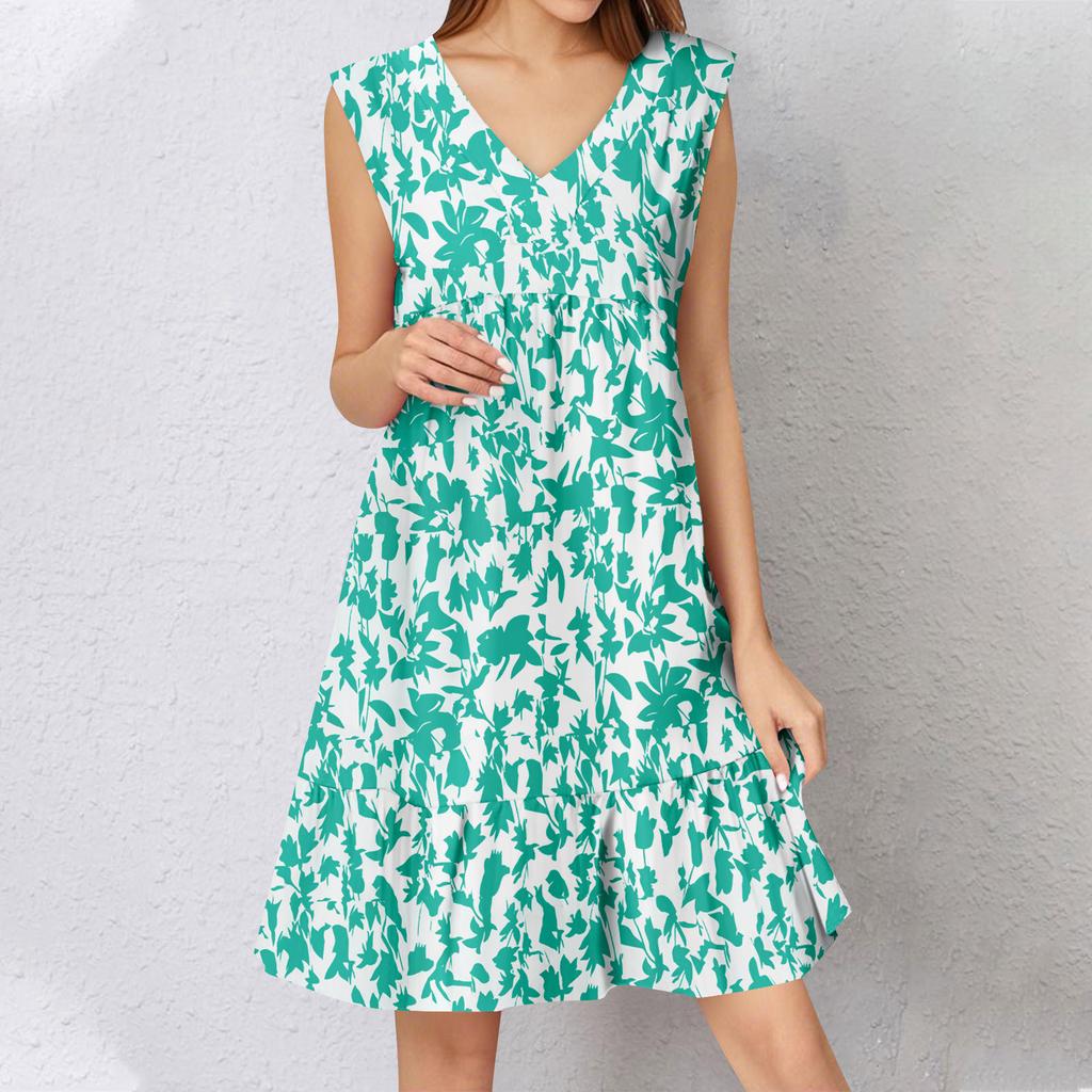 Abito Estivo da Donna Senza Maniche Scollo a V Stampa Abiti Corti Moda Casual Fluido Boho Volant A Linea Svasato Prendisole