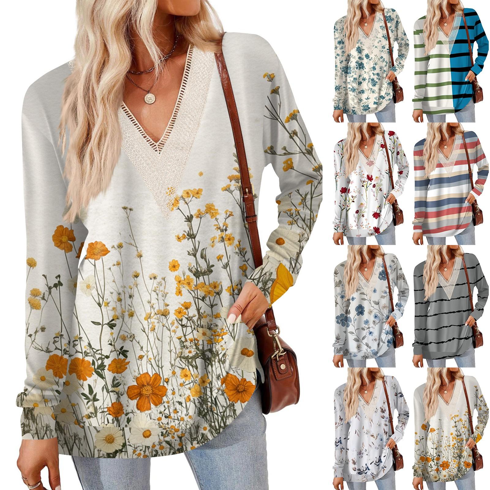 

Womens Tops Loose V-neck Contrast Color Split Loose Long Sleeve T-shirt Women s Tops L синій