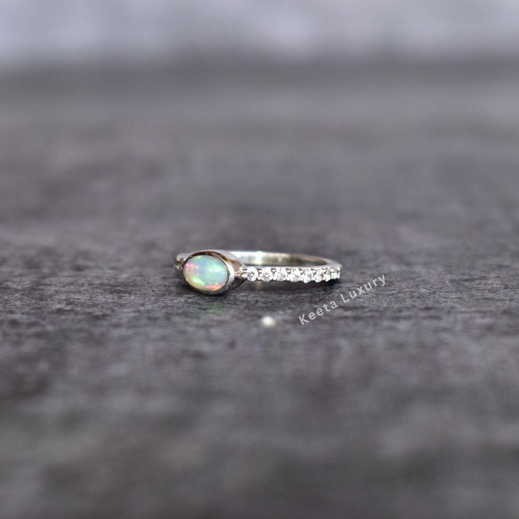 Natural opal ring Opal small Stacking Ring Sterling silver dainty ring for her Minimalist ring Flashy Opal and CZ Ring Bridesmaid Gift