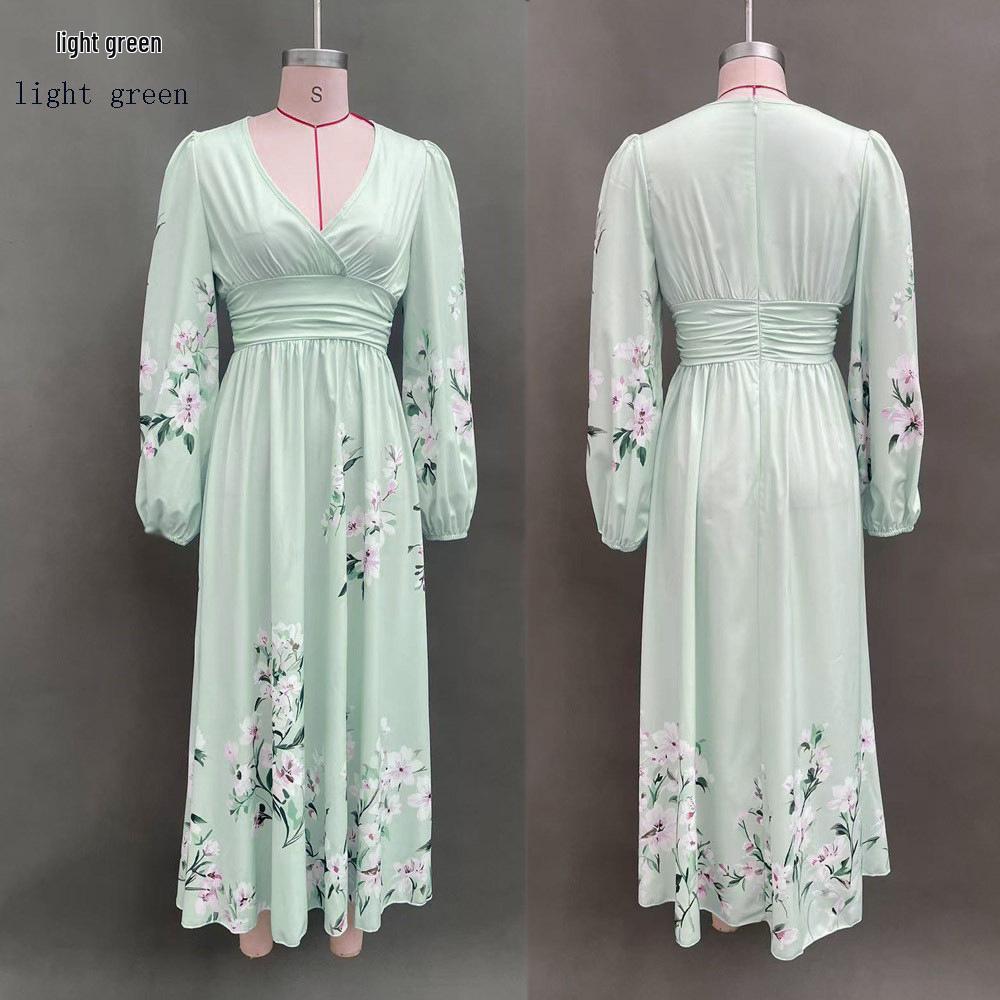 Women s V-Neck Floral Long Sleeve Pleated Dress 2026 L