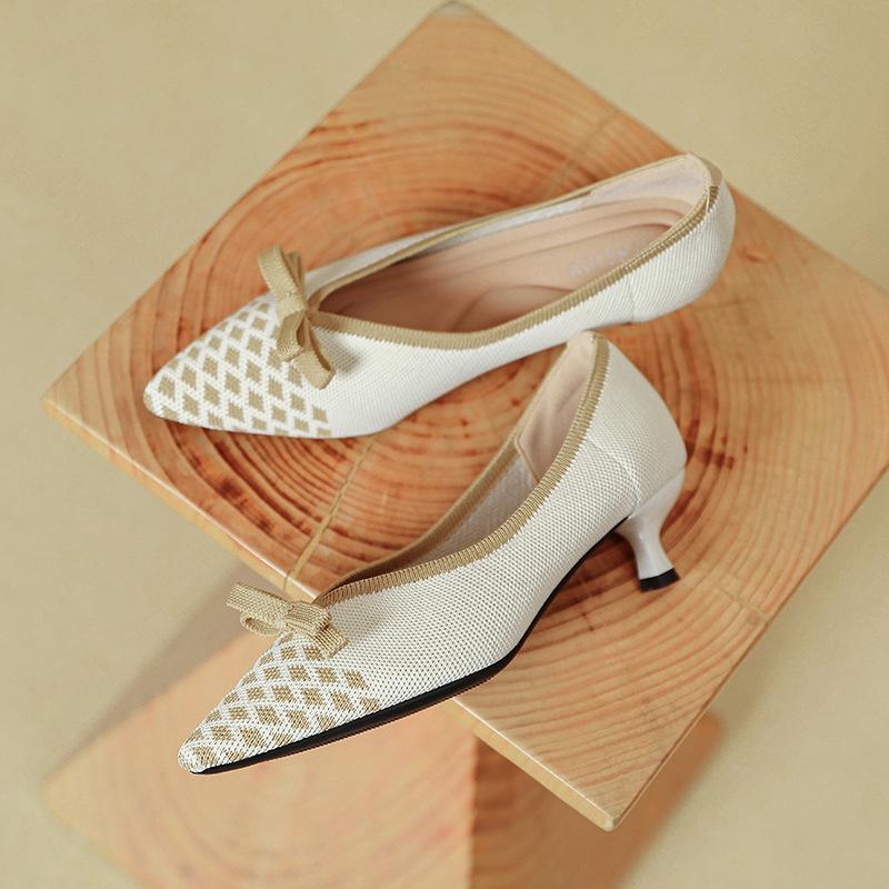 Temperament bow new high heels women's knitted woven shoes square head light mouth cat heel single shoes