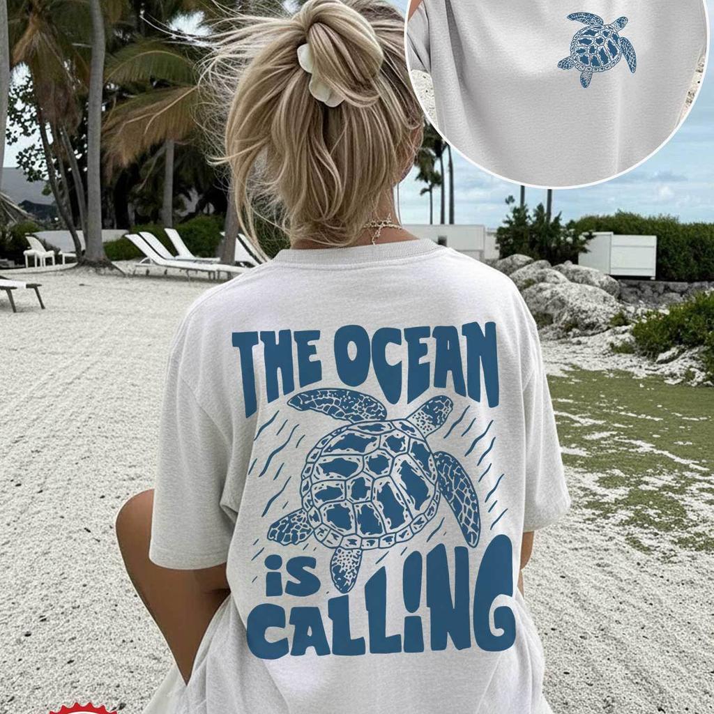 Summer Vintage Style with Turtles and Waves The Ocean Is Calling Printed Round Neck Short Sleeve Oversized TShirt