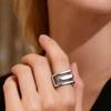 Creative Stainless Steel Rectangular Geometric Adjustable Rings for Women Luxury Metal U-Shaped Line Hollow Ring Party Jewelry
