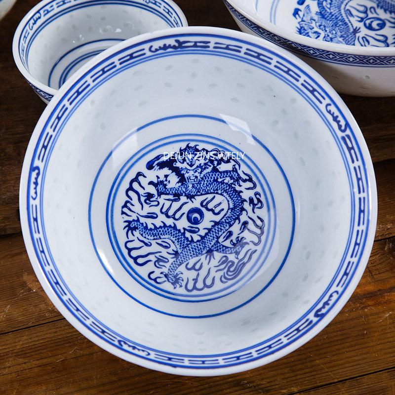 Ceramic Tableware Jingdezhen Blue and White Porcelain Ramen Soup Bowl Chinese Rice Bowls Dragon Pattern Vintage Dinnerware