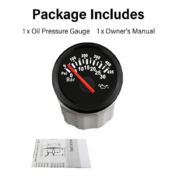 ELING Newest 52mm Oil Pressure Gauge 0-30Bar 0-435Psi Signal with Red Backlight for Motorcycle Boat Truck Universal 12V 24V