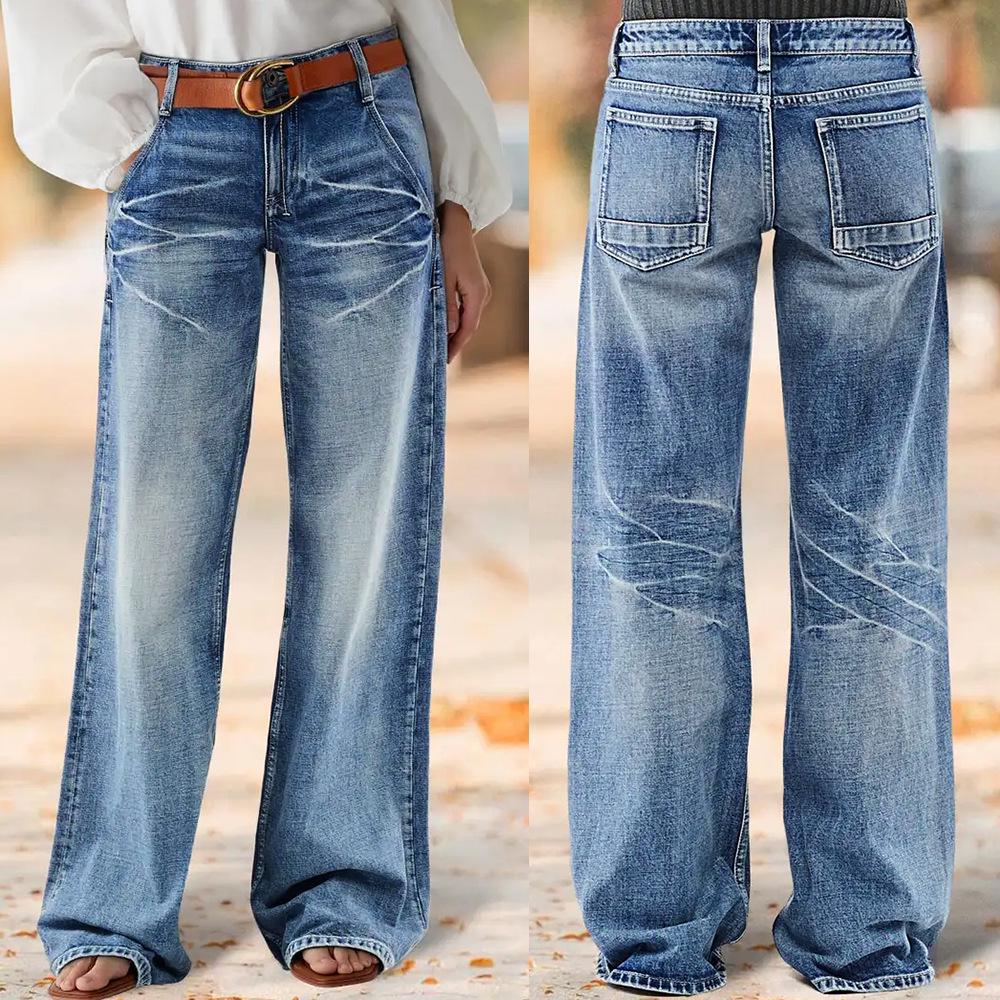 2026 Spring Women's High-Waisted Retro Wide-Leg Jeans - Washed, Faded, Loose, Straight, Floor-Length