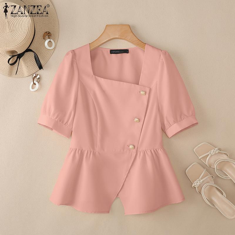 ZANZEA Women Square Collar Summer Short Sleeve Slim Blouse