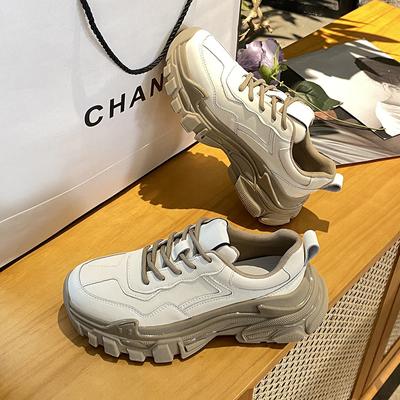 Fashion Real Cowhide Sports Casual Milk Tea Color Ins Trendy Single Shoes Spring New Thick-soled Daddy Shoes Women's Shoes
