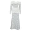 Pure desire French white lace hollow dress female sexy one-word shoulder long sleeve s-shaped hip skirt evening dress