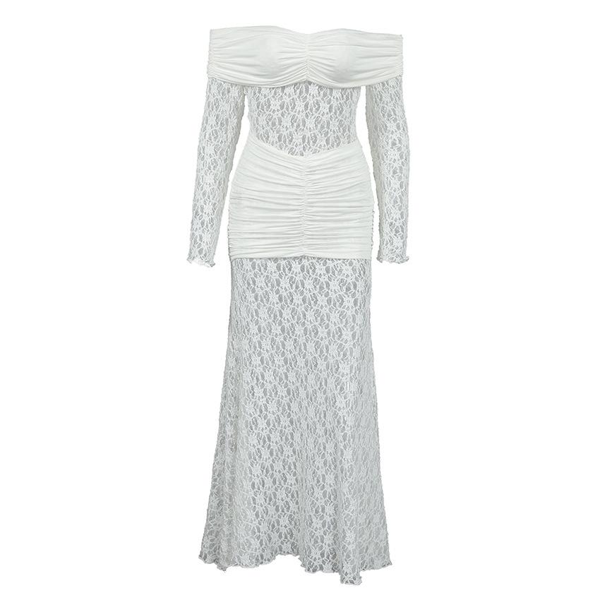 Pure desire French white lace hollow dress female sexy one-word shoulder long sleeve s-shaped hip skirt evening dress
