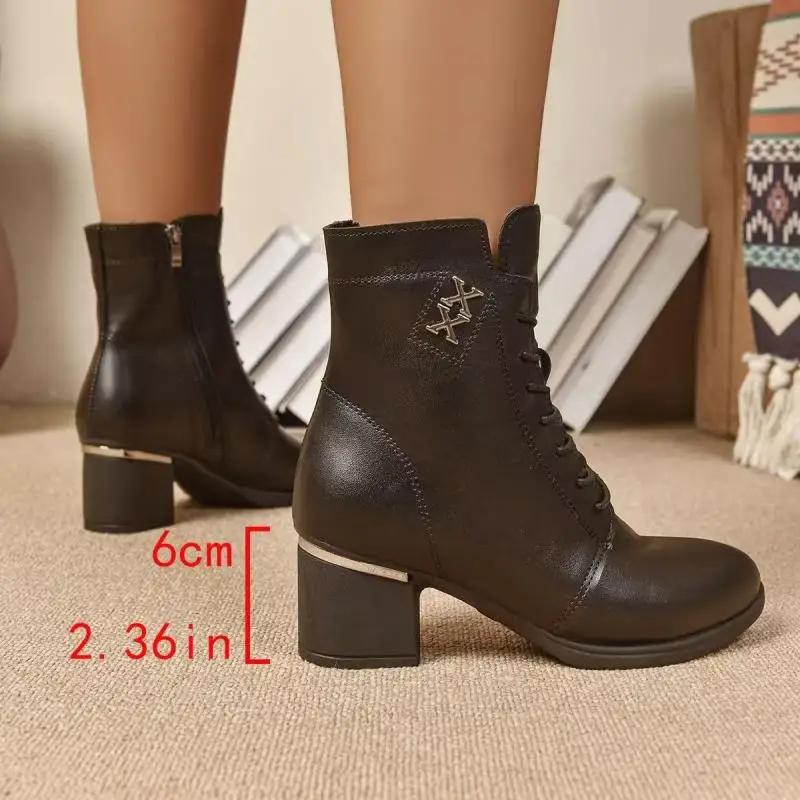 Fashion Sexy Metal Decoration Solid Black Pu Boots Women Pointed Toe High Heel Side Zipper Ankle Boots Fashion Warm Short Plush Shoes