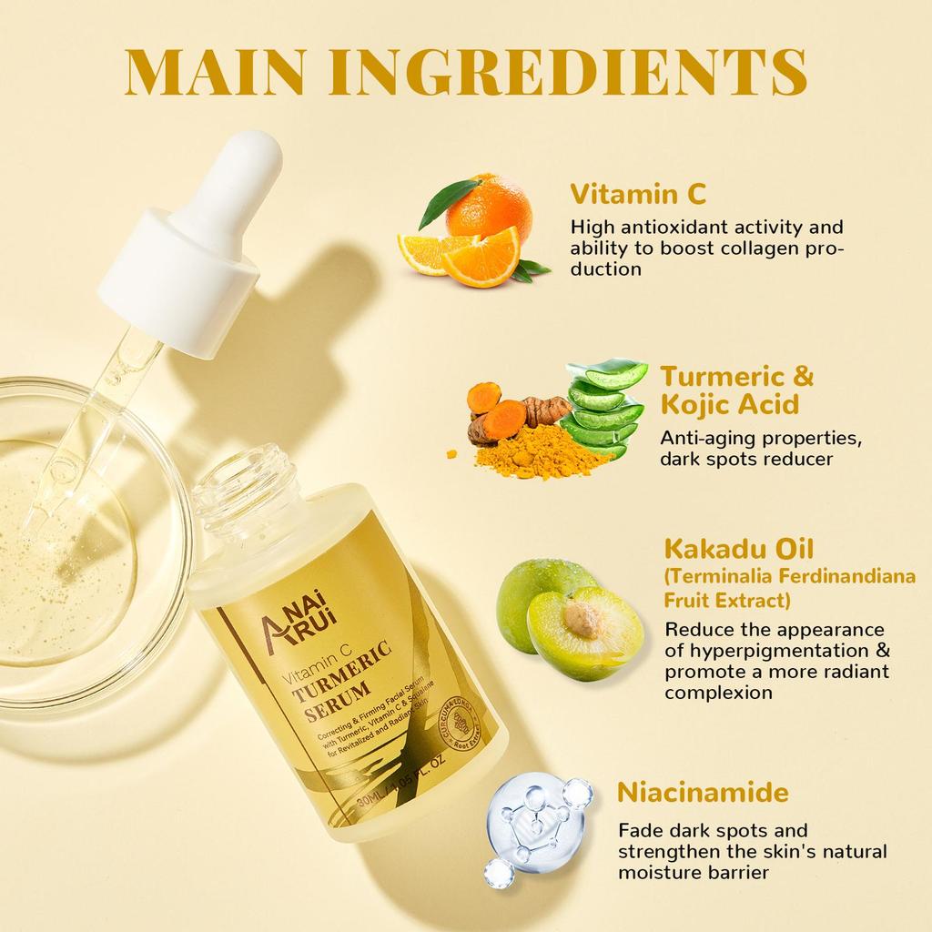 ANAiRUi Turmeric & Vitamin C Face Serum, Antioxidant Brightening Anti-Aging Facial Serum for Dull Skin Fine Lines Wrinkle Moisturizing Care 30ml