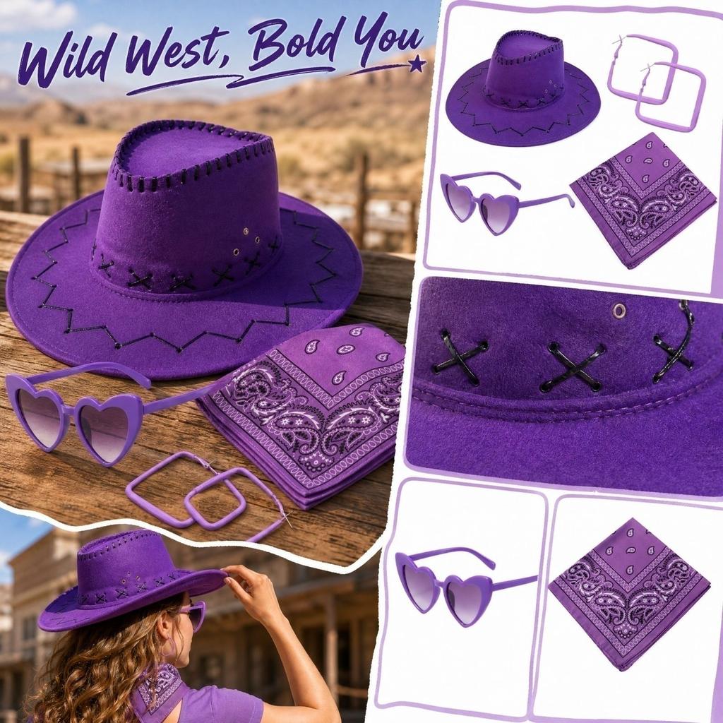 Costume Set with Hat, Glasses and Earrings for Western Role Play
