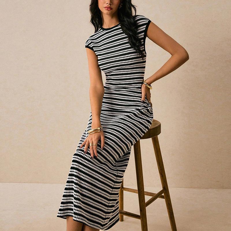Striped Knitted Dress Sleeveless Slim One-Step Skirt Mid-Length Women's