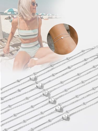 PROSILVER Women's Letter C Ankle Bracelet 925 Silver 22+5cm Double Layer Heart Charm Initial Anklet Summer Beach Jewelry for Women Girls