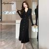 Elegant Fashion Autumn Winter Women Midi Trumpet Dress V Neck Green Black Beige Knitting Shirt Dress Ruffles Knitted Mermaid Dress