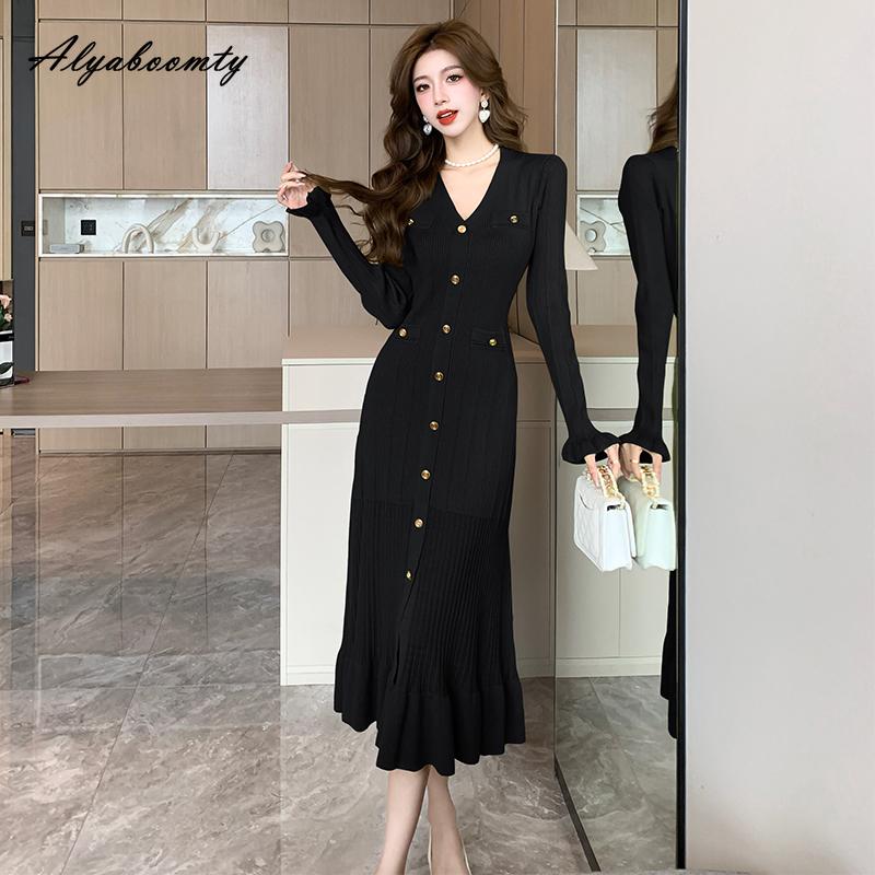 Elegant Fashion Autumn Winter Women Midi Trumpet Dress V Neck Green Black Beige Knitting Shirt Dress Ruffles Knitted Mermaid Dress