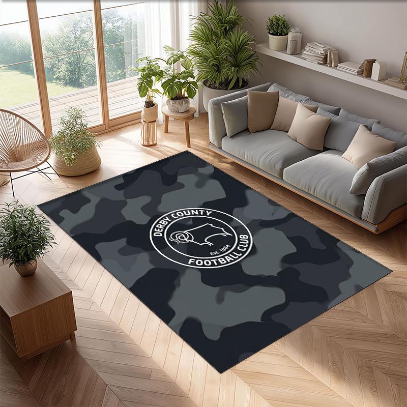 Derby County Football Print Crystal Velvet Rug, Comfortable Water Absorbent Non Slip Indoor Floor Carpet