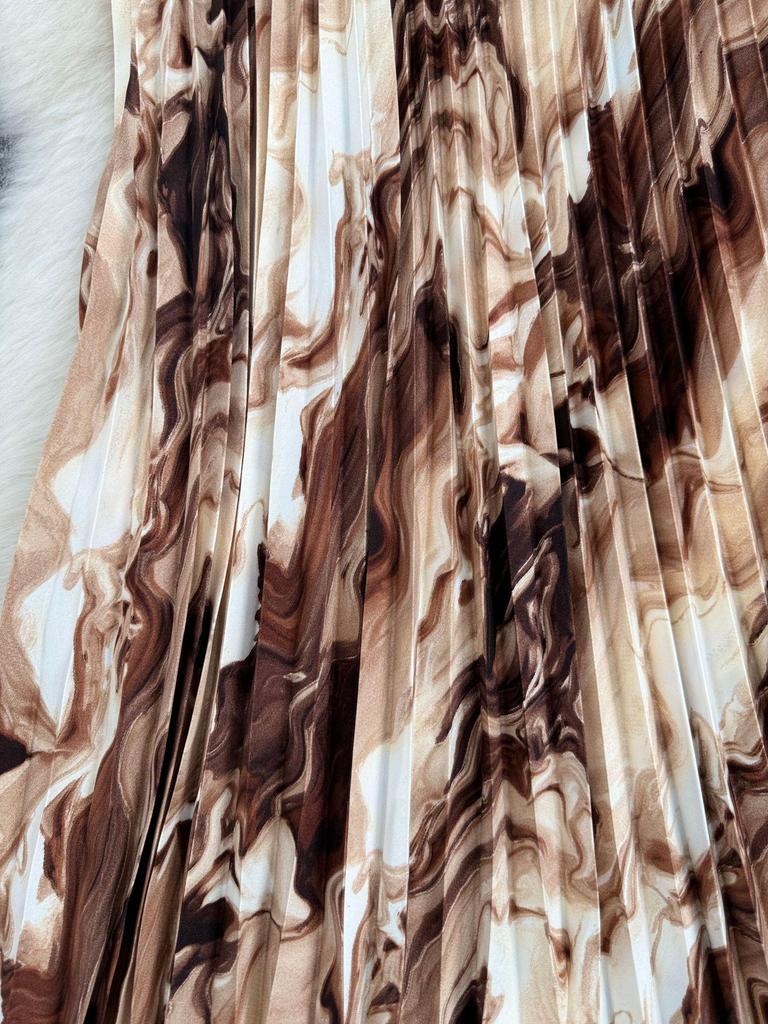 European & American Wave Pattern High-Waisted A-Line Pleated Midi Skirt