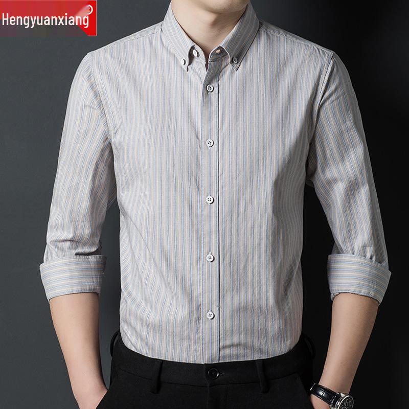 Hengyuanxiang Men's Non-Iron Striped Cotton Long-Sleeve Shirt - Spring & Autumn Casual Loose Fit