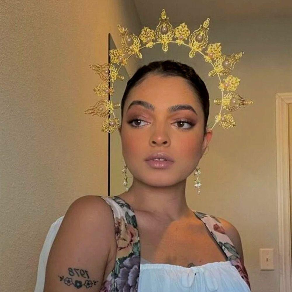 Baroque Halo Crown Gold Plated Baroque Tiara Headband Halloween Costume Artistic Photoshoot