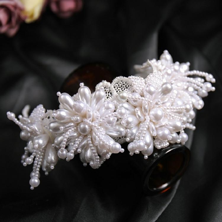 Floral Hand Beaded Pearls Headbands Bridal Hairband Shimmering Pearls for Bride Wedding Props Bride Costume