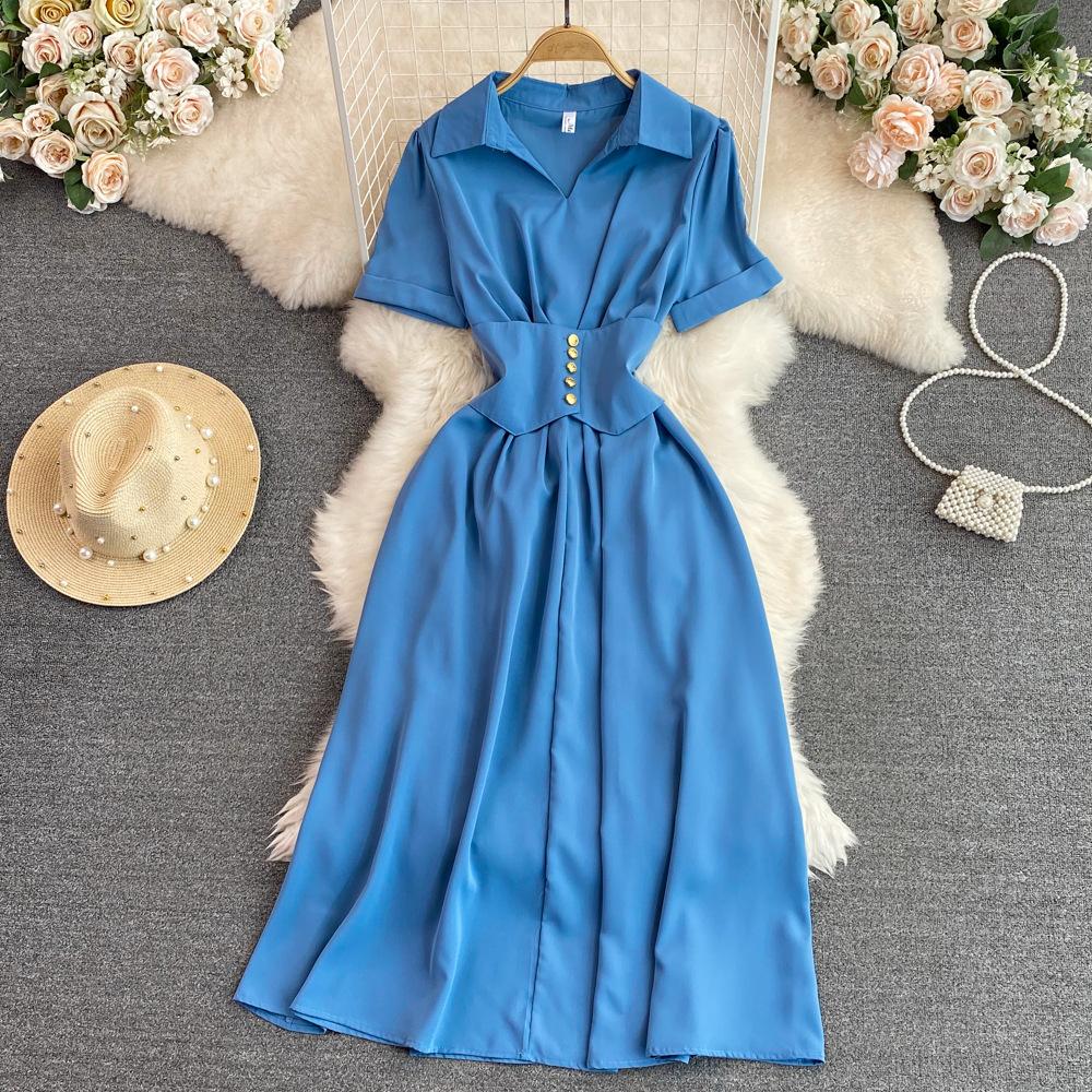 Abito camicia midi vintage da donna, estivo, a collo alto, a maniche corte, a vita alta, sottile, a trapezio, Robe Femme