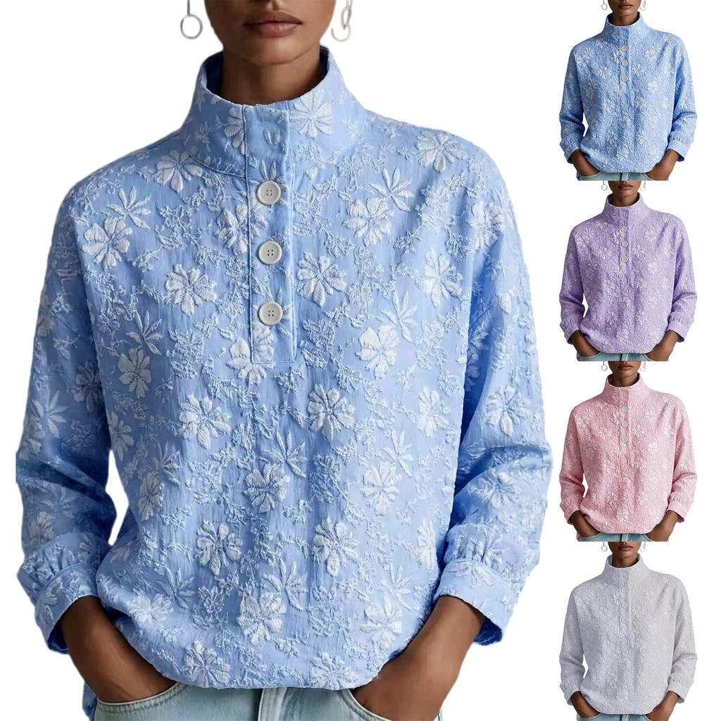 Blusa de Mujer con Estampado Floral, Manga Larga, Cuello Alto y Media Botonadura