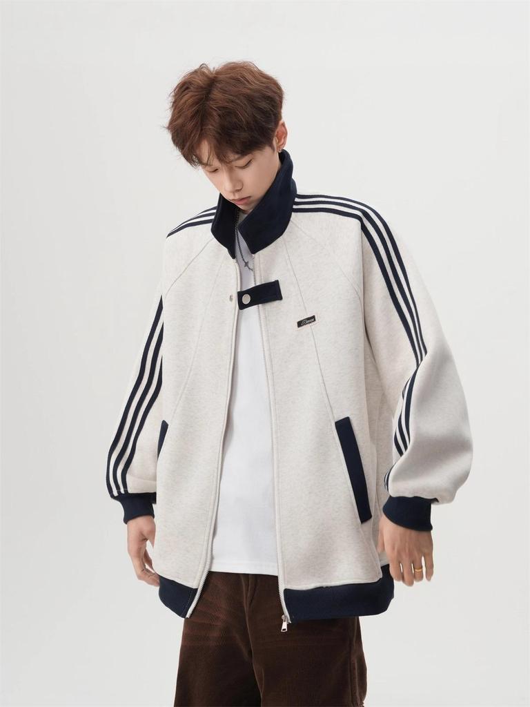 Unisex Academy Style Stand Collar Jacket - Autumn/Winter Loose Fit, Plus Velvet, Sporty Baseball Hoodie Outerwear.