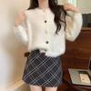 Womens French Vintage Soft Knit Cardigan Short Round Neck Sweater Coat Solid Color