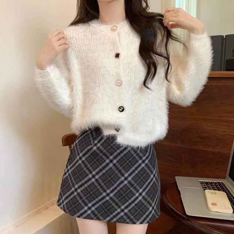 Womens French Vintage Soft Knit Cardigan Short Round Neck Sweater Coat Solid Color