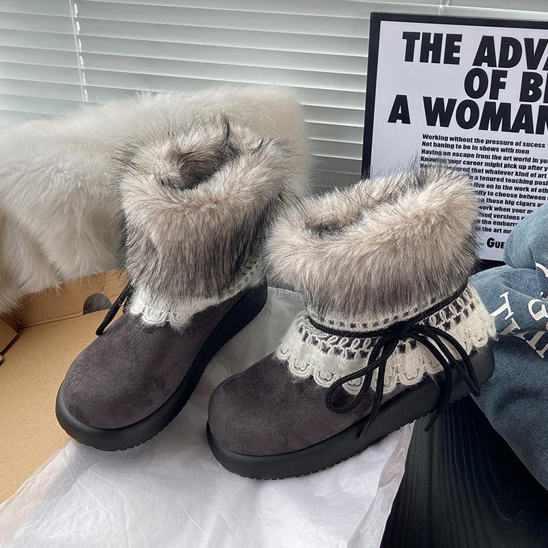 Women's furry mouth lightweight thick sole winter warm one-step snow boots lined with fleece non-slip wear casual sports cotton boots