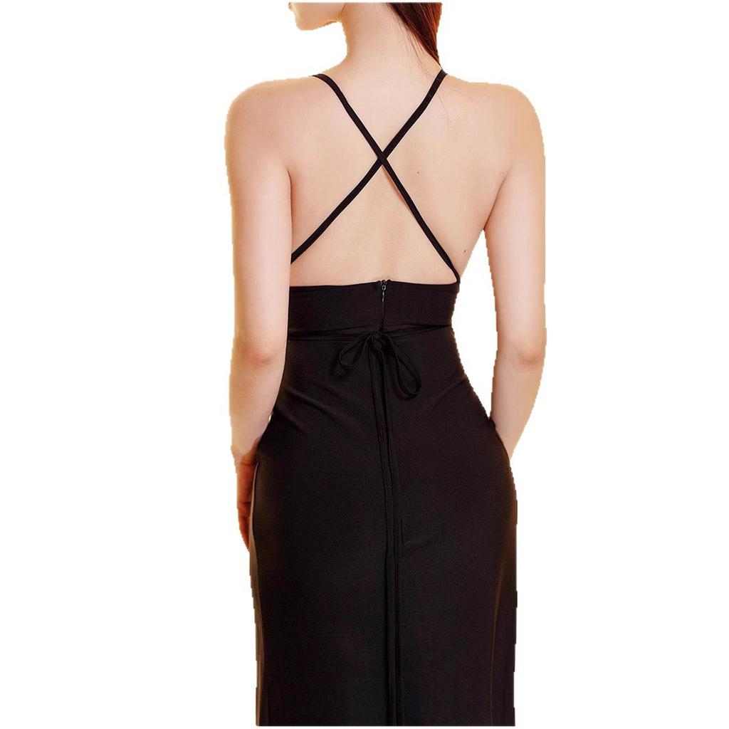 New suspender deep v long dress low chest waist split long dress pure desire sexy sauna technician work clothes