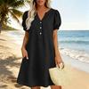Lässiges Damen-Kleid mit V-Ausschnitt, Knopfleiste vorne, lockerer Passform, kurzen Puffärmeln und Seitentaschen für den Alltag