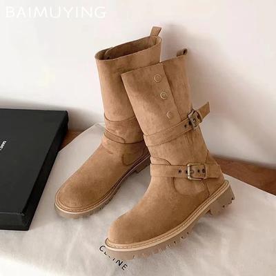 Suede Chunky Women High Boots Designer Buckle Mid Heels Shoes 2025 Trend Winter Pumps Goth Mid Calf Motorcycle Botas De Mujer