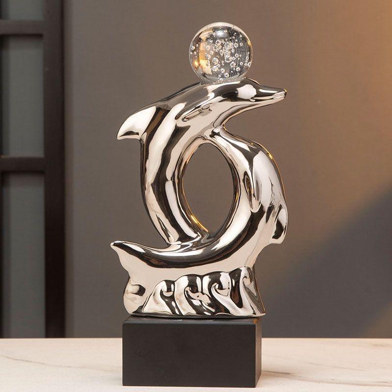 INS Luxury Ceramic Dolphin Figurine, Modern Decorative Ornament for Entryway, Living Room & Study Decor