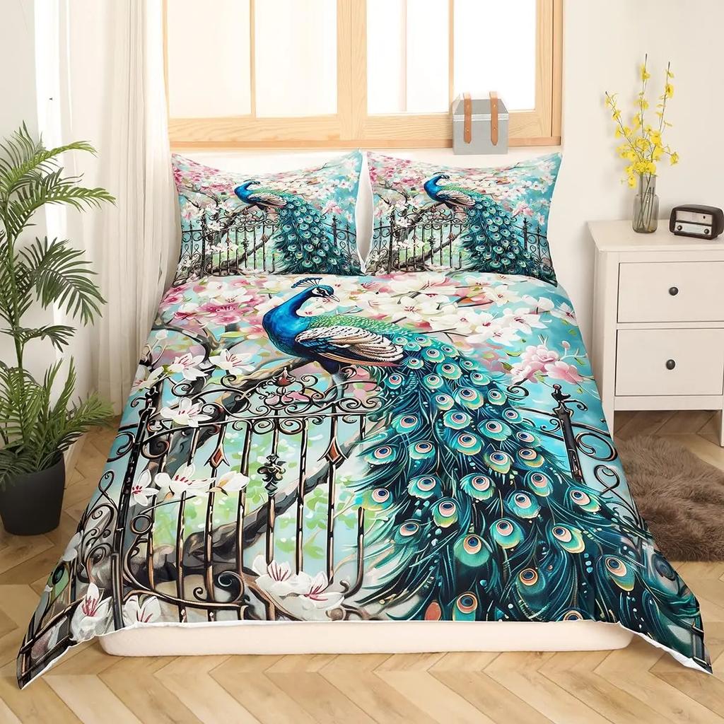Peacock Duvet Cover Twin Full Queen King Chinese Style Peach Blossom Flowers Retro Bedding Set Wild Animal Print Comforter Cover