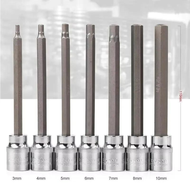 7Pcs for Spanner Sleeve Repair Hand Tools Extra Long Hex Bit Socket Set H3-H10 CR-V and S2 Material 3/8inch Drive 110mm